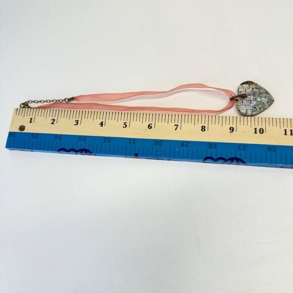 Abalone Mosaic Heart Pendant Necklace Pastel Beachy Coastal Feminine Reversible - Picture 4 of 9